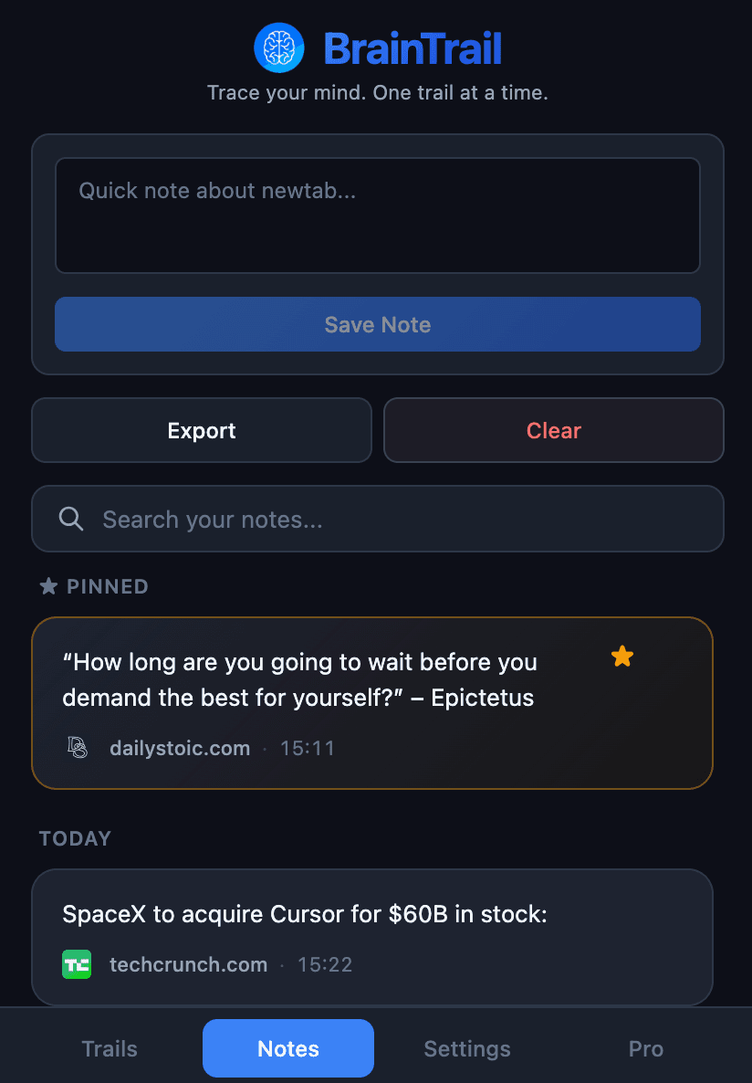 The BrainTrail extension popup showing notes and a pinned highlight
